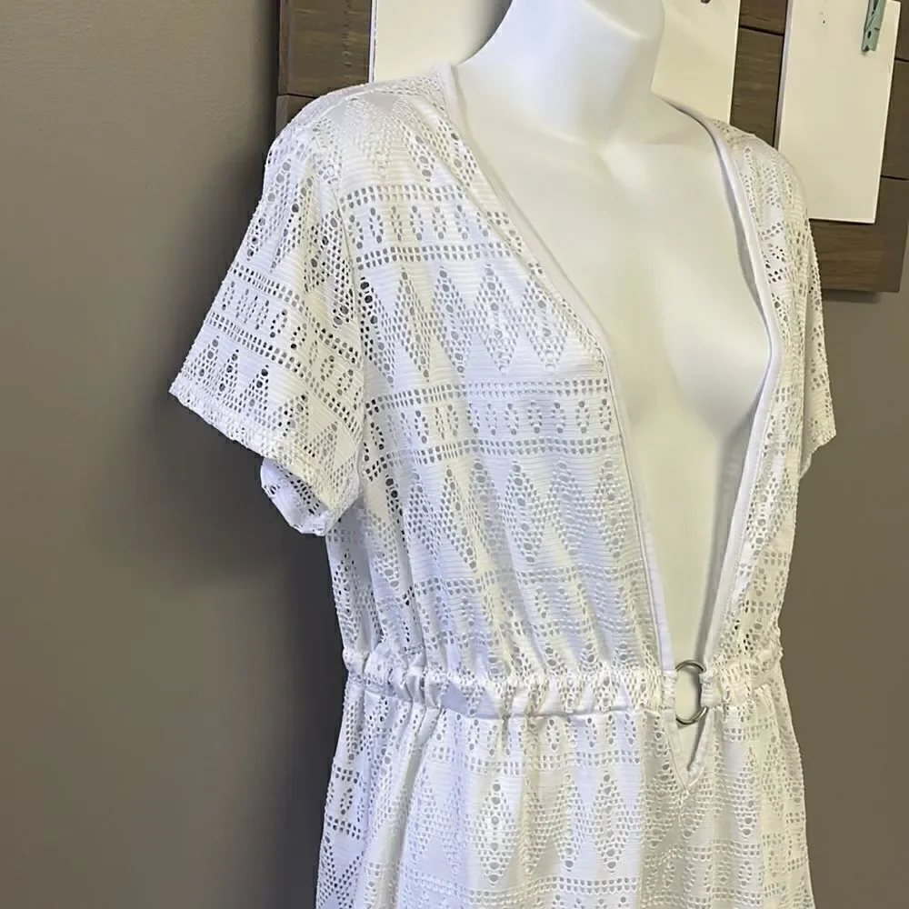 Tropical Escape White Eyelet Swim Plunging V-Neck Coverup w/Shirt Sleeves- 1X